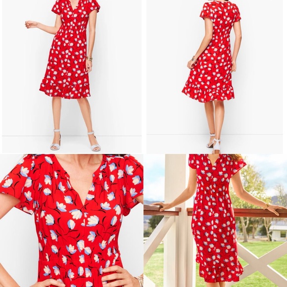 Talbots Floral Flounce Hem Flutter Sleeve Ruffle Smocked Waist Midi Dress - 10 - Picture 1 of 9